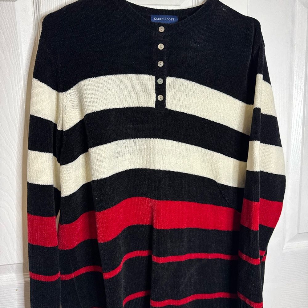 Karen Scott Women's Black, White, and Red Striped Sweater